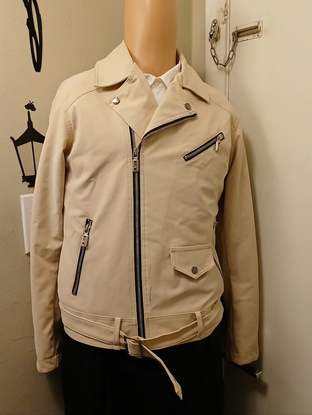 Fiyesmen Men's Beige Biker Jacket  Classic Zip Front Beige Sz M